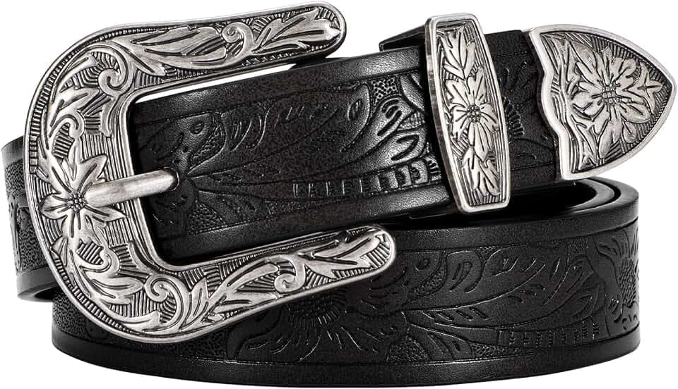 VONMELLI Western Gürtel Damen, Damen Cowgirl Ledergürtel für Hosen Jeans Taillengürtel mit Vintage Floral Carved Design Plus Größe S-XXXL
