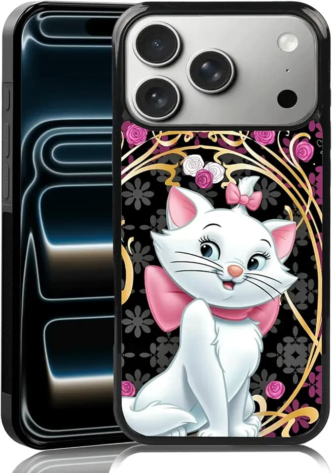Graceful Marie Cat Phone Case Compatible with iPhone 17 Pro Max — Golden Lace iPhone Case Shockproof Fuchsia Pink Roses Phone Cover Gift for Boy Girl Men Women