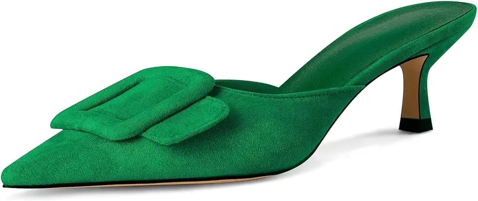 Kitten Heel Mules Sandals for Women Pointed Toe Square Buckle Backless Slip on Suede Stiletto Dress Heeled Sandals Wedding Party Shoes