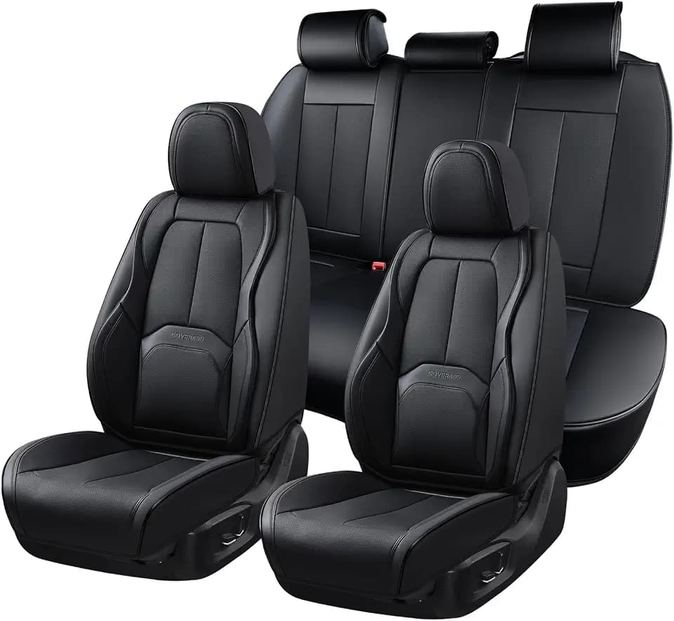 Coverado Car Seat Covers Full Set, Premium Nappa Leather Seat Covers for Car, Waterproof Car Seat Protector with Lumbar Support, Automotive Seat Covers Universal Fit for Most Cars SUV Truck(Black)