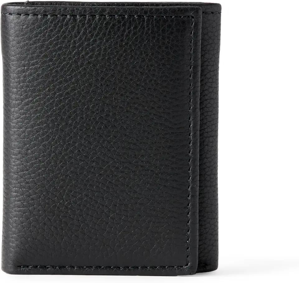 Amazon Essentials Men's Pebbled Full Grain Leather Trifold Wallet with 6 Card Pockets and ID Window, Black, One Size