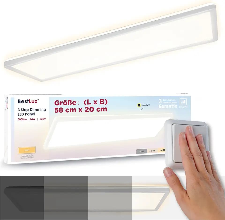 BestLuz Deckenlampe LED Deckenleuchte 580x200x28mm (LxBxH) Dreistufige Dimmbar Rechteckig LED Panel Ultra Flach 3000LM 24W Neutralweiß 4000K mit Backlight für Badezimmer Schlafzimmer Wohnzimmer Küche
