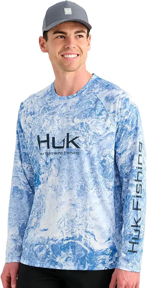 HUK Men's Pursuit Pattern Crew Long Sleeve, Performance Shirt