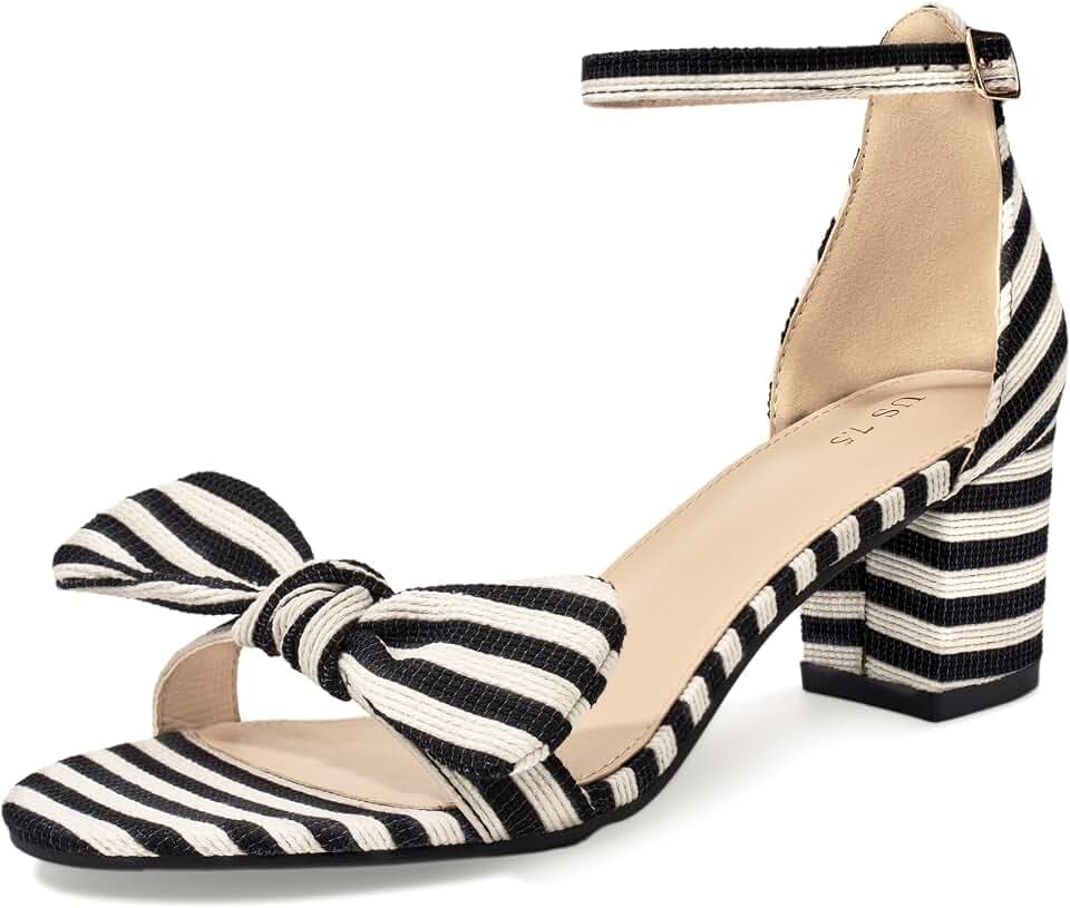 Perphy Stripe Bow Ankle Strap Chunky Heel Sandals for Women