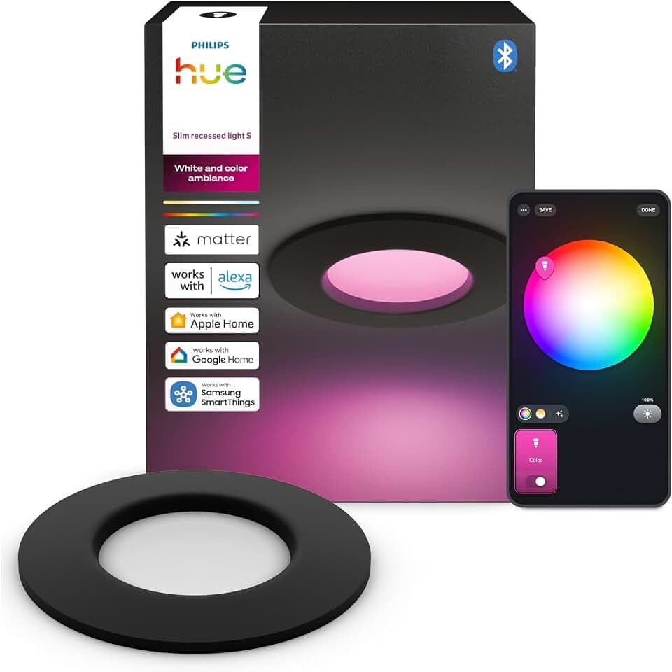 Philips Hue Slim Downlight, Smarte LED-Beleuchtung, 1.000 lm, 90 mm, Schlankes Design, Vollspektrum-Tagesl. 1.000–20.000 K, Extrem Stufenlos Dimmbar, Präzise Farbe, Smart Lighting, Schwarz, 1er-Pack