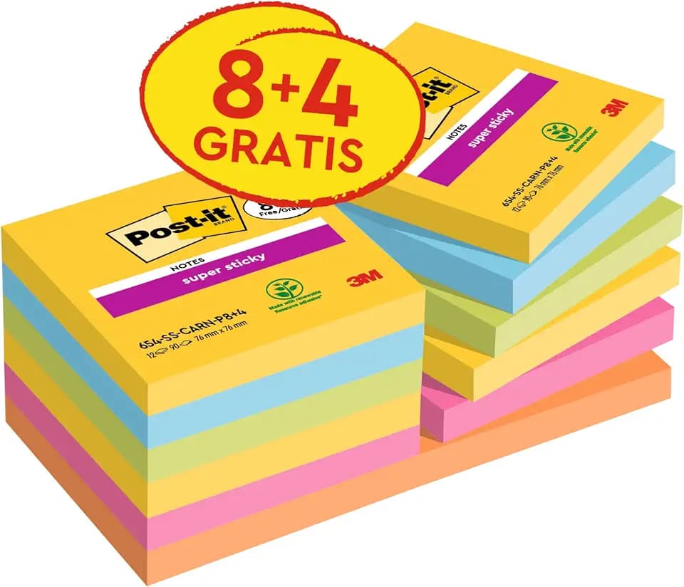 Post-it Super Sticky Notes, 8 + 4 Gratis-Blöcke (1080 Blatt), 76 mm x 76 mm