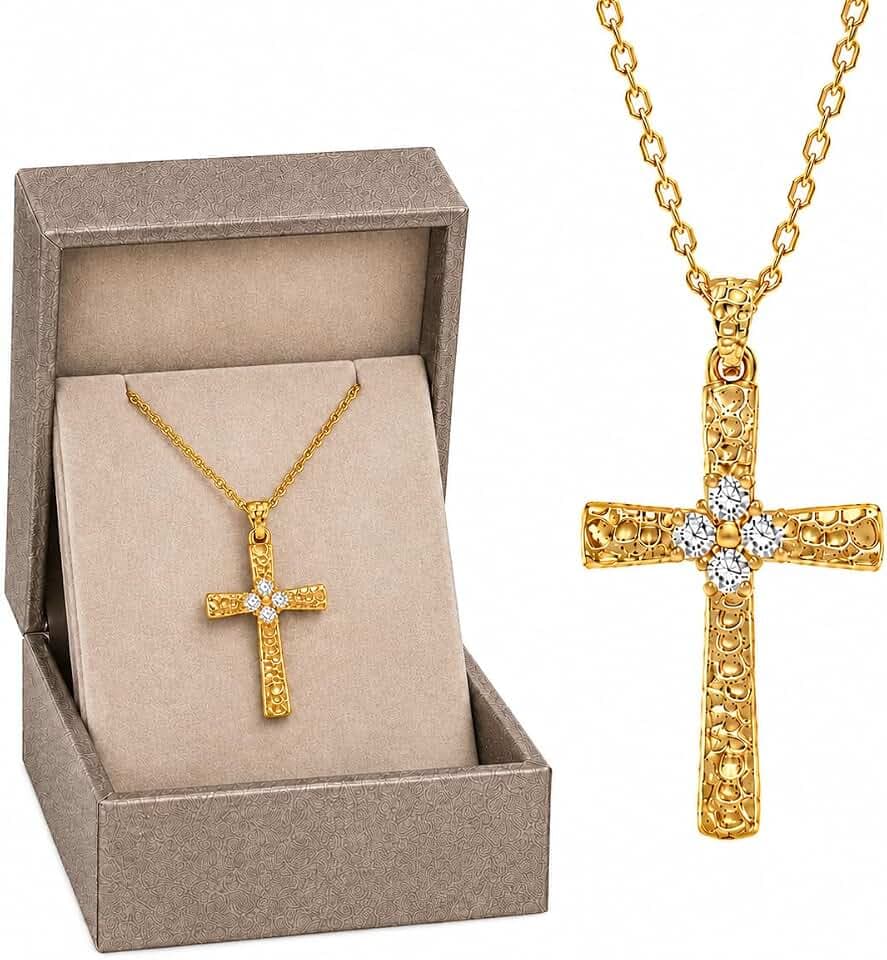 LORAE Cross Necklace for Women, 1CT Moissanite Hammered Gold Cross Pendant