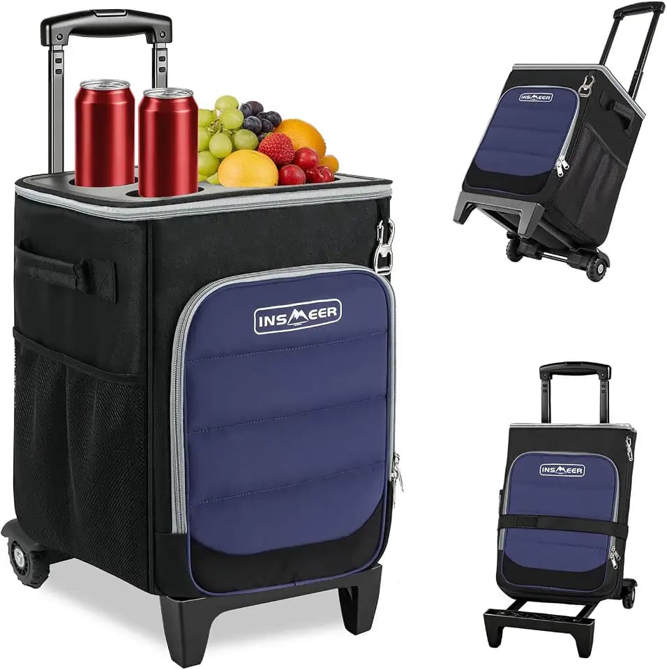 INSMEER 2-in-1 Rolling Cooler with Wheels, 60 Cans Collapsible Soft Sided Cooler on Wheels, Hard Top with 2 Cup Holders, Insulated 100% Leakproof Wheeled Cooler Bag for Beach Camping Outdoor