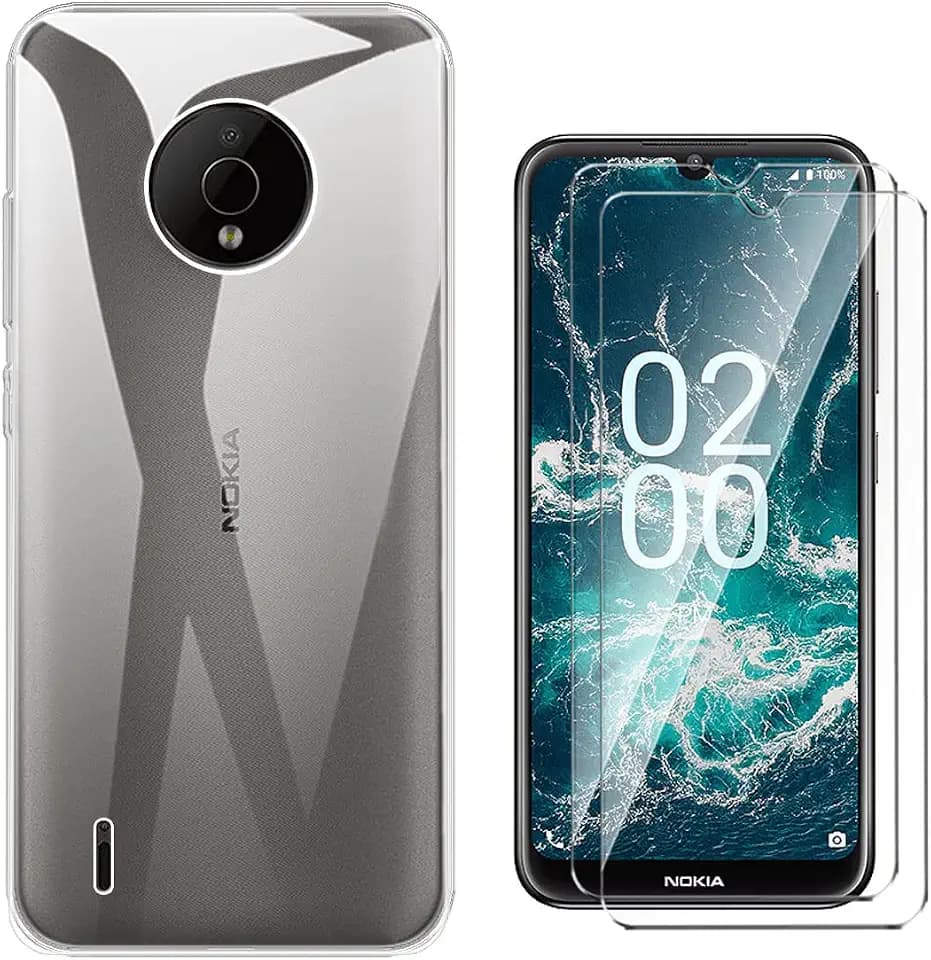 QFSM Schutzhülle Hülle für Nokia C200 (6.09") + 2 Stück Tempered Glass Schutzfolie - Transparent Weich Silikon Flexibel TPU Handyhülle Tasche Case - Clear