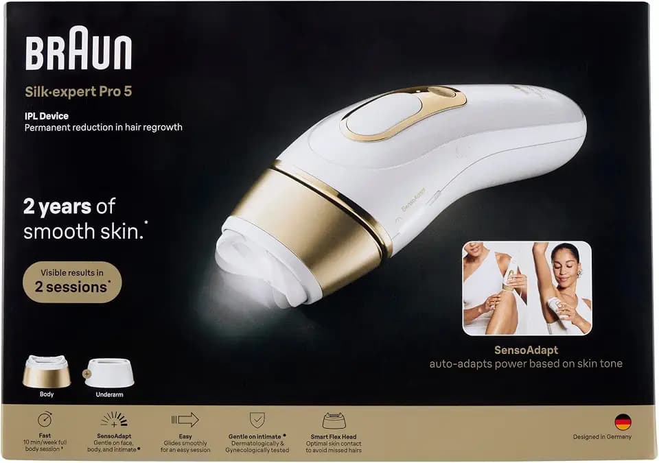 Braun IPL Smart Silk·expert Pro 5, Laser Haarentfernung zu Hause, Dauerhafte Haarentfernung, Mit Beutel, 2 Aufsätze, PL5210
