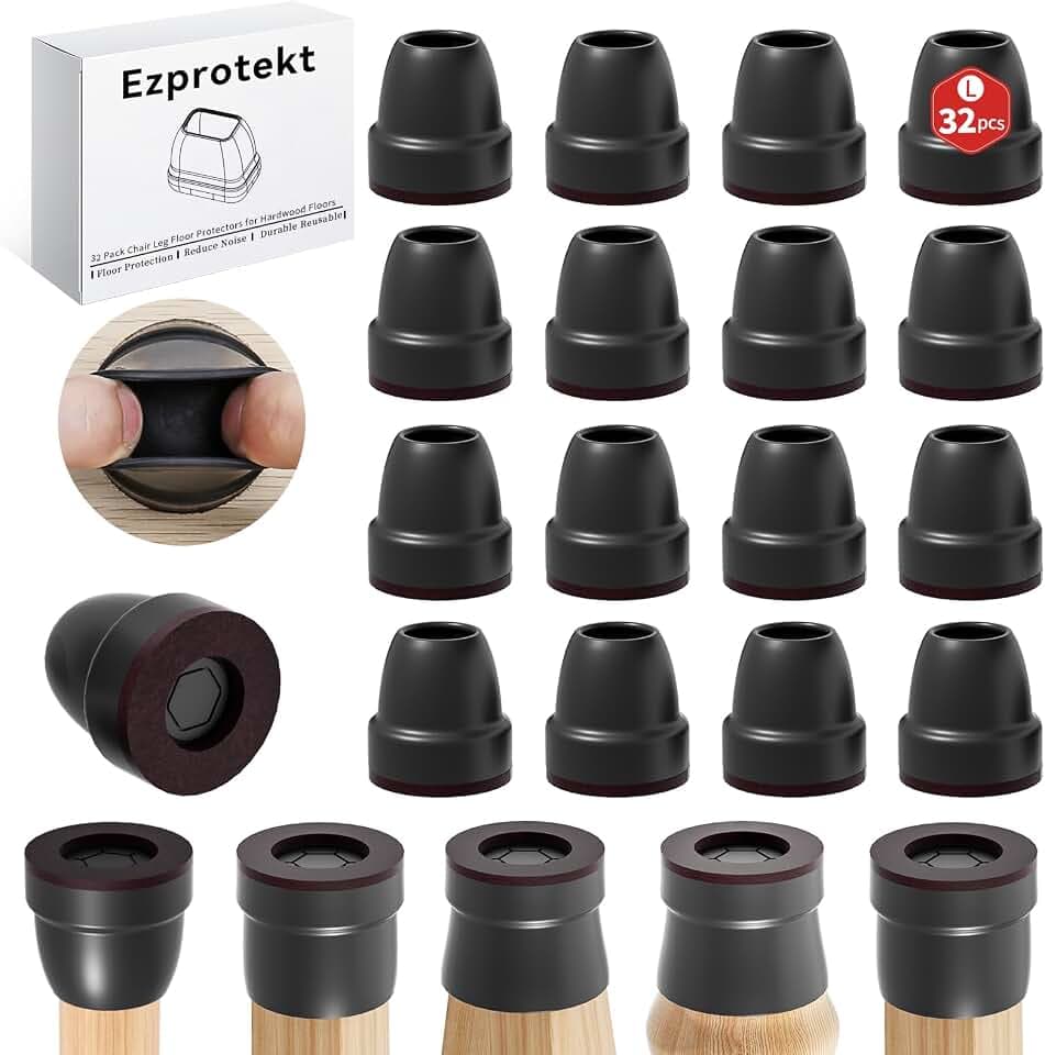 Ezprotekt 32 Stück Schutzkappen Für Stuhlbeine mit Filz, Gummi Möbel Beinbecher, Ø26-32mm Tischbeinbezug, Möbelmatte für Hartholzböden Rund Schwarz, (Rund, Passform 1-1,25")
