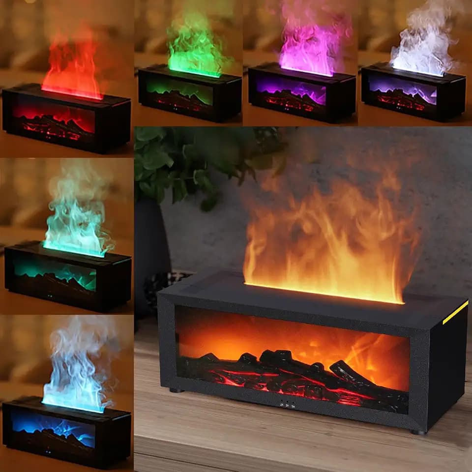LED Kamin Flammen Aroma Diffuser, Duftöl Diffusor ätherische öle, Luftbefeuchter mit Fernbedienung, und 7 Arten LED Lichtfarben mit Timer, Perfekt für Zuhause Büro Schlafzimmer (Schwarz)