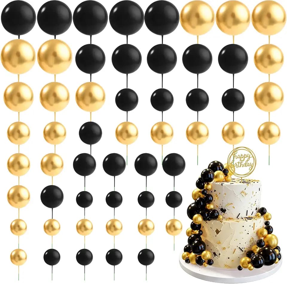 CHRORINE 55 Stücke Cake Topper Tortendeko Kugeln Torte Kuchen Dekorieren Mini Ballon Cupcake für Geburtstag Party Hochzeit Babyparty (Schwarz Gold)