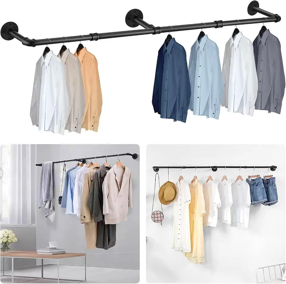Kleiderstange Wandmontage Industrial Garderobenstange Schwarz, Kleiderstange Wand Schwerlast Kleiderstangen Metall, Platzsparenders Kleiderständer für die Wand Decke Schlafzimmer (120cm)