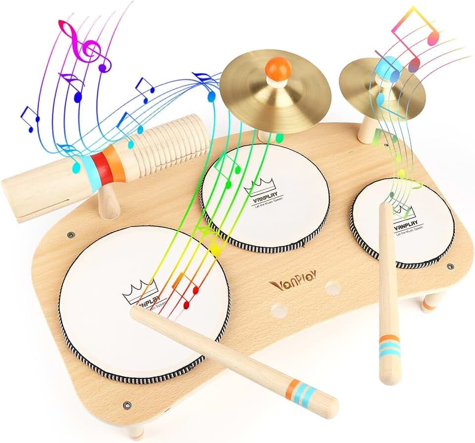 Holzspielzeug Schlagzeug Kinder Trommel 8 In 1 Musikinstrumente Kinder Spielzeug ab 3 4 5 Jahre Junge Mädchen Montessori Spielzeug