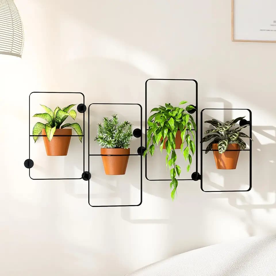Bamworld Metal Hanging Plant Shelf - Indoor Window Sill 4 Pots Stand for Multiple Plants - Wall Hanger Flower Shelves for Living Room Decor - Garden Boho Decor