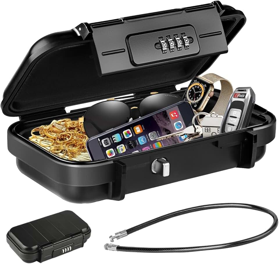 HUANLANG Portable Safe Lock Box with Combination Lock Mini Beach Travel Safe Waterproof Small Lockable Boxs with Removable Wire Rope Combination Lock Box for Dorm,Travel,Beach,Hotel,Car,Home,Office