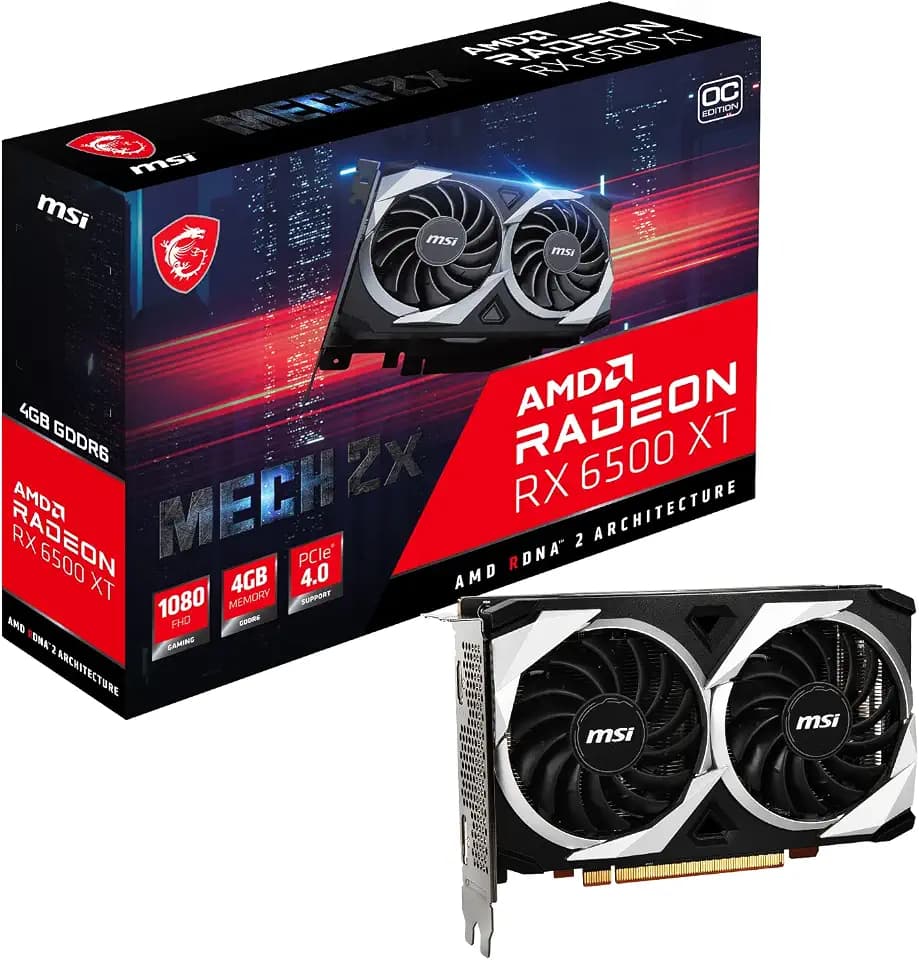 MSI Radeon RX 6500 XT MECH 2X 4G OC Gaming Grafikkarte - GPU 2685/2825 MHz, 4000MB DDR6 Speicher V508-003R Schwarz