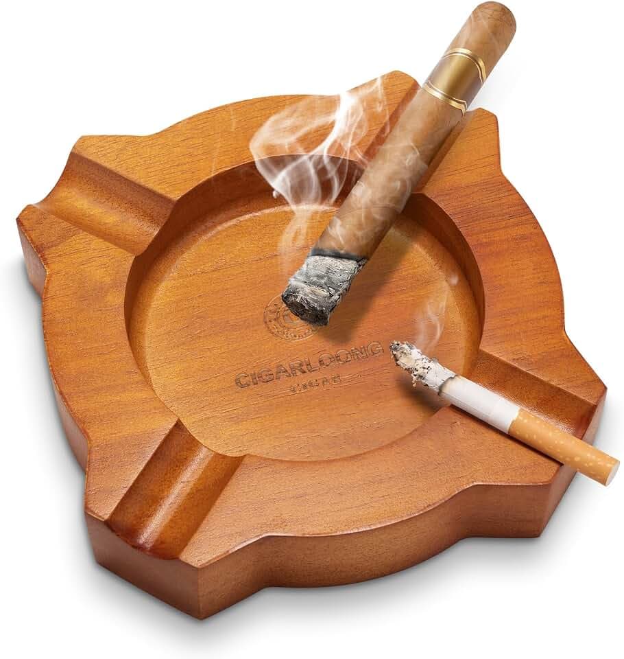 Wooden Cigar Ashtray Outdoor Indoor Square Cigar Accessories Cigarettes Ashtrays with 4 Durable Solid Slots Cigar Holder, Wooden Cigar Ash Tray Large for Outdoor Home Patio Office and Bar Use (Bronze)
