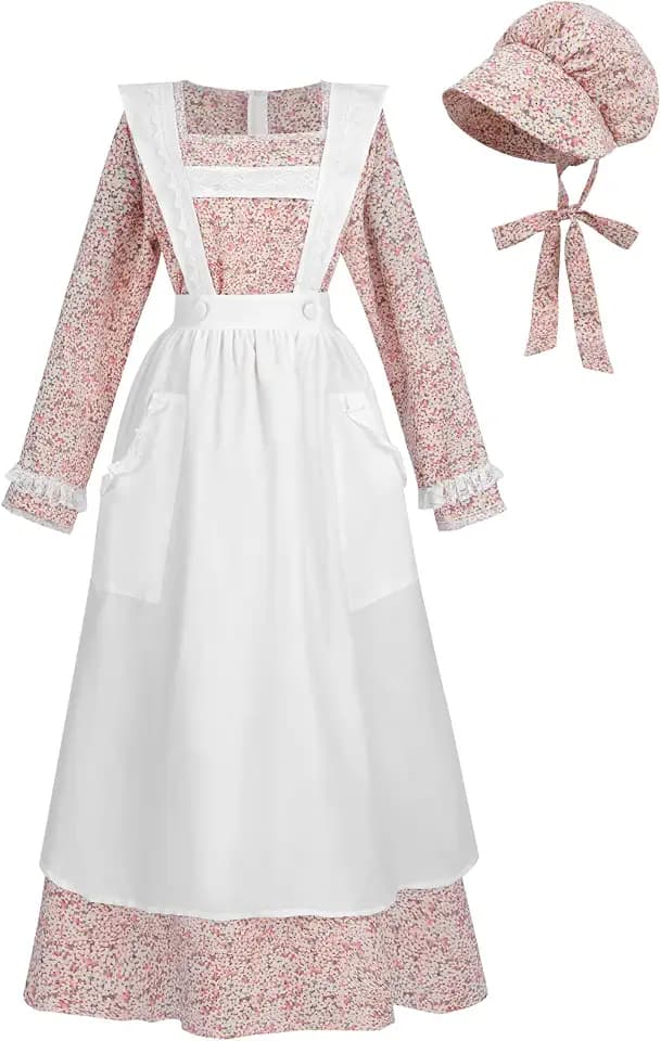 Nuoqi Women's Pioneer Prairie Dress 3-Piece Colonial Costume with Apron & Bonnet