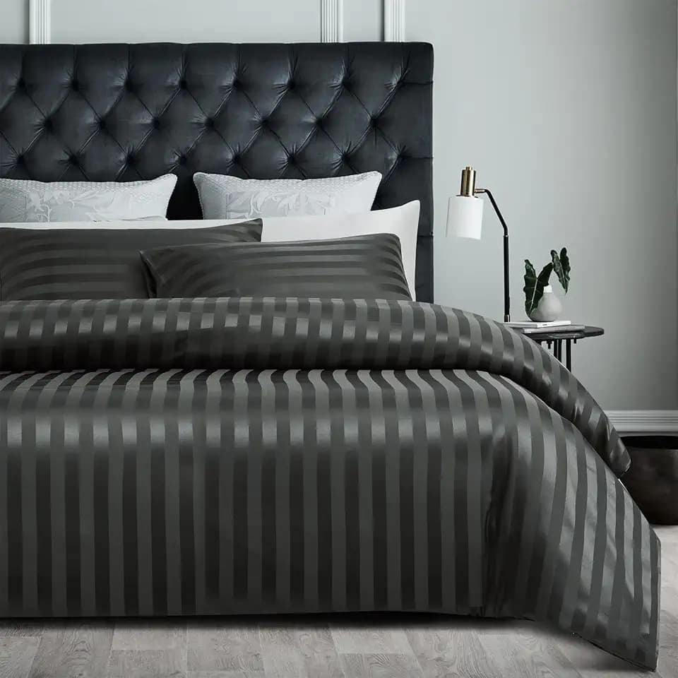 Bettbezug, Satin, 220 x 240 cm, Grau, gestreift, glänzend, Deluxe, Bettwäsche, weich, seidig, für Doppelbett, Erwachsene, mit Reißverschluss, mit Kopfkissenbezügen, 65 x 65 cm