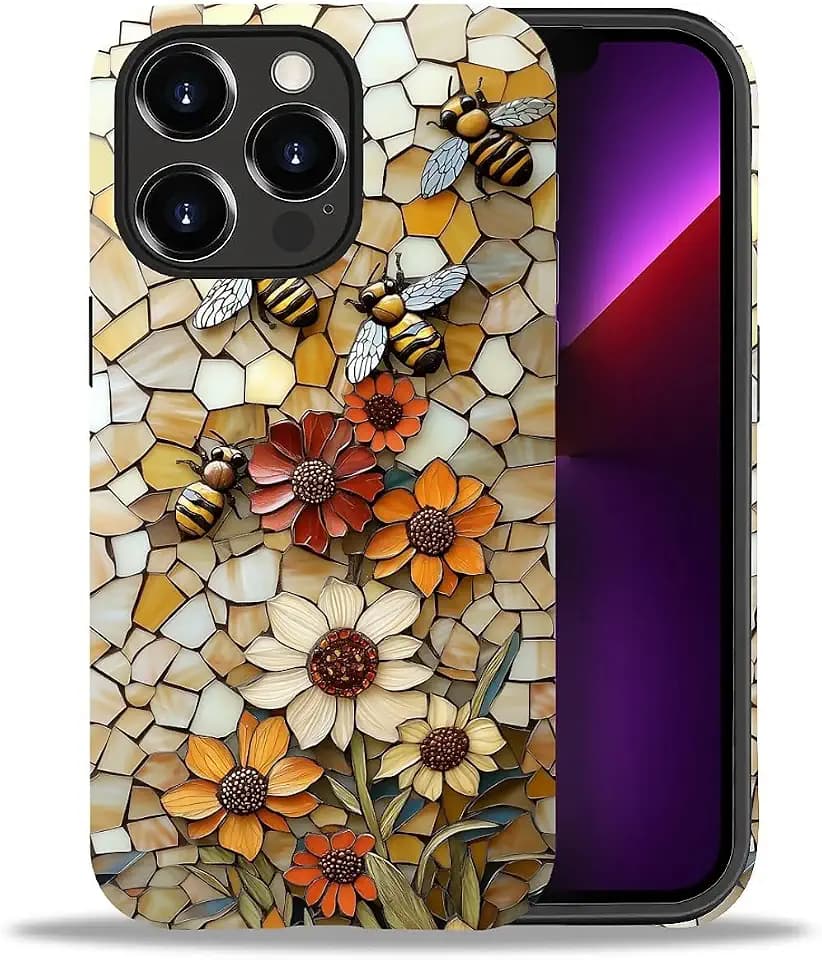 for iPhone 13 Pro Case,for Girl Women Boy Hard Hybrid Shell Shockproof Silicone Full Body Protective Case for iPhone 13 Pro Sunflowers Bees Dancing Gather Nectar Pattern