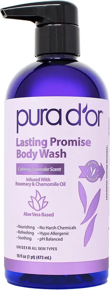 PURA D'OR 16 Oz Lasting Promise Body Wash – Calming Lavender Scent – Aloe Vera Based, Infused with Rosemary & Chamomile Oil – pH Balanced, Sulfate-Free, Hypoallergenic, Vegan – For Men & Women