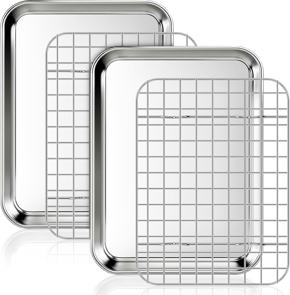 Fire More Backblech mit Abkühlgitter, 2 Edelstahl Backbleche und 2 Kühlgitter für Ofen, 23,5 x 17,5 x 2,5 cm Rechteckig Ofenblech zu Backen/Servieren