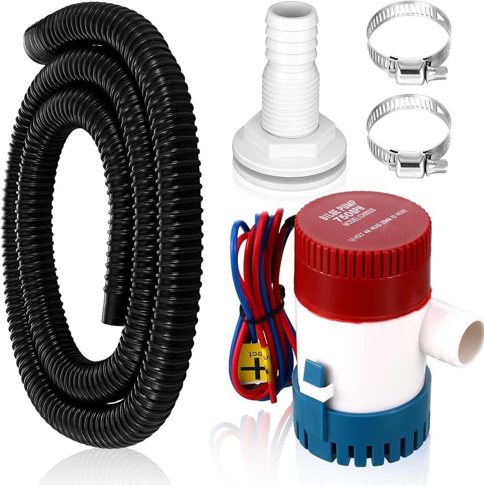 Lounsweer 1-1/8 Inch Boat Bilge Pump Plumbing Kit 12v 750gph Electric Boat Bilge Water Pump 6 ft Kink-free Flexible PVC Hose 2 Pcs Hose Clamps Thruhull Fitting for Marine Ponds Pools (Black)