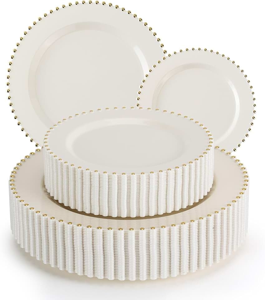 ejonirinjonir 60pcs Gold Trim Ivory Plastic Plates 10" & 7" for Weddings