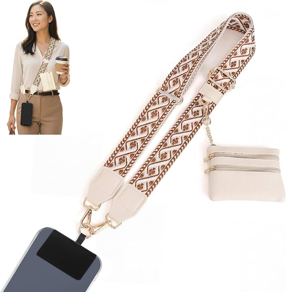 Clip and Go Strap for Phone with Wallet Crossbody, Phone Lanyard with Zippered Pouch, Detachable Wrist Strap for Women/Teacher Gift, Red Beige