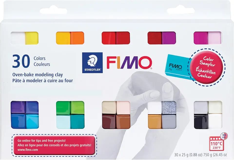 STAEDTLER FIMO Soft Oven-Bake Polymer Clay - Assorted Colors Sampler: 30 x 25g Half Blocks - Starter Kit for Modelling, Jewelry Making, Sculpting, Adult Arts and Crafts Supplies & Hobbies