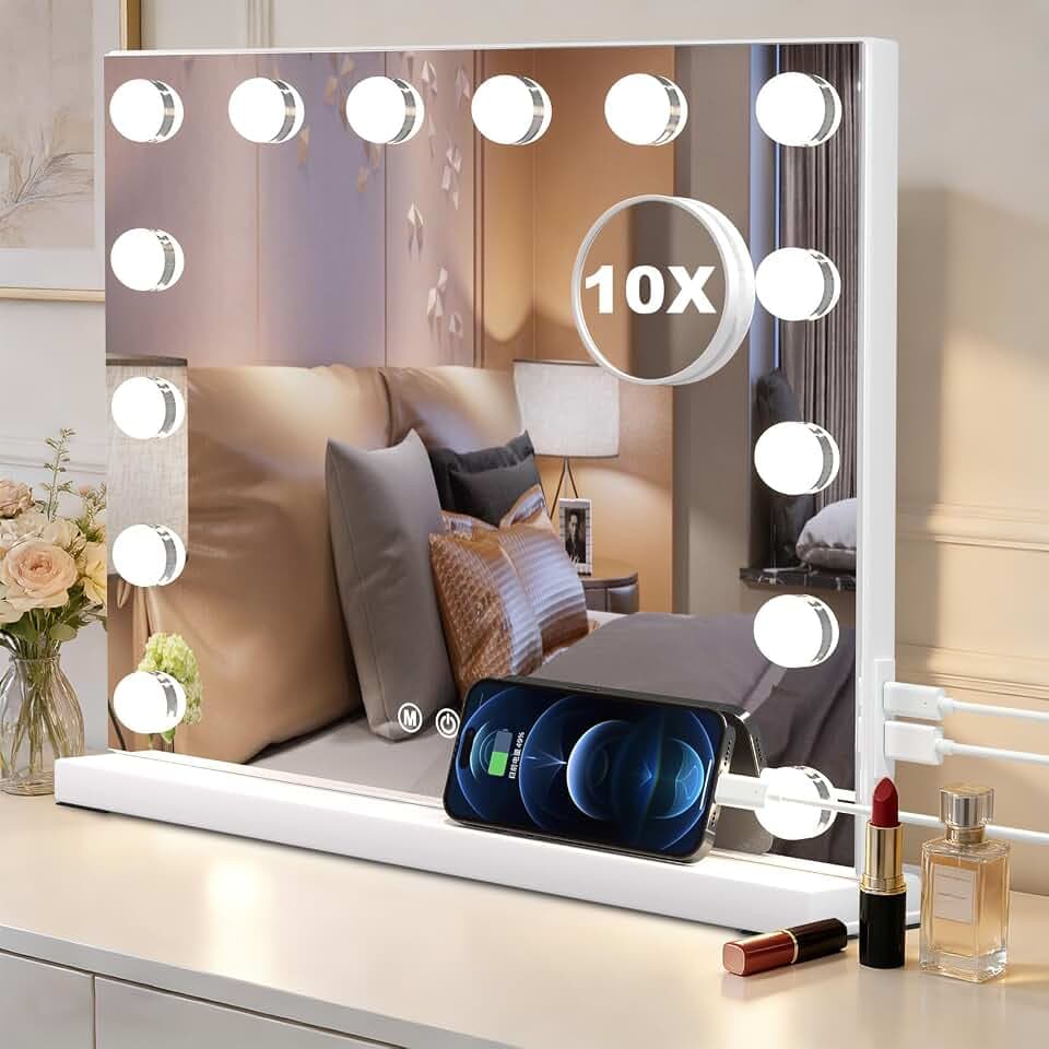 SURFOU Hollywood Schminktischspiegel mit Beleuchtung, Schminkspiegel 14 LED-Lichter mit 3 Farbtemperaturen Licht, dimmbarer Kosmetikspiegel mit Ladeanschlüssen, Touch Control, 50 x 40 cm (Weiß)