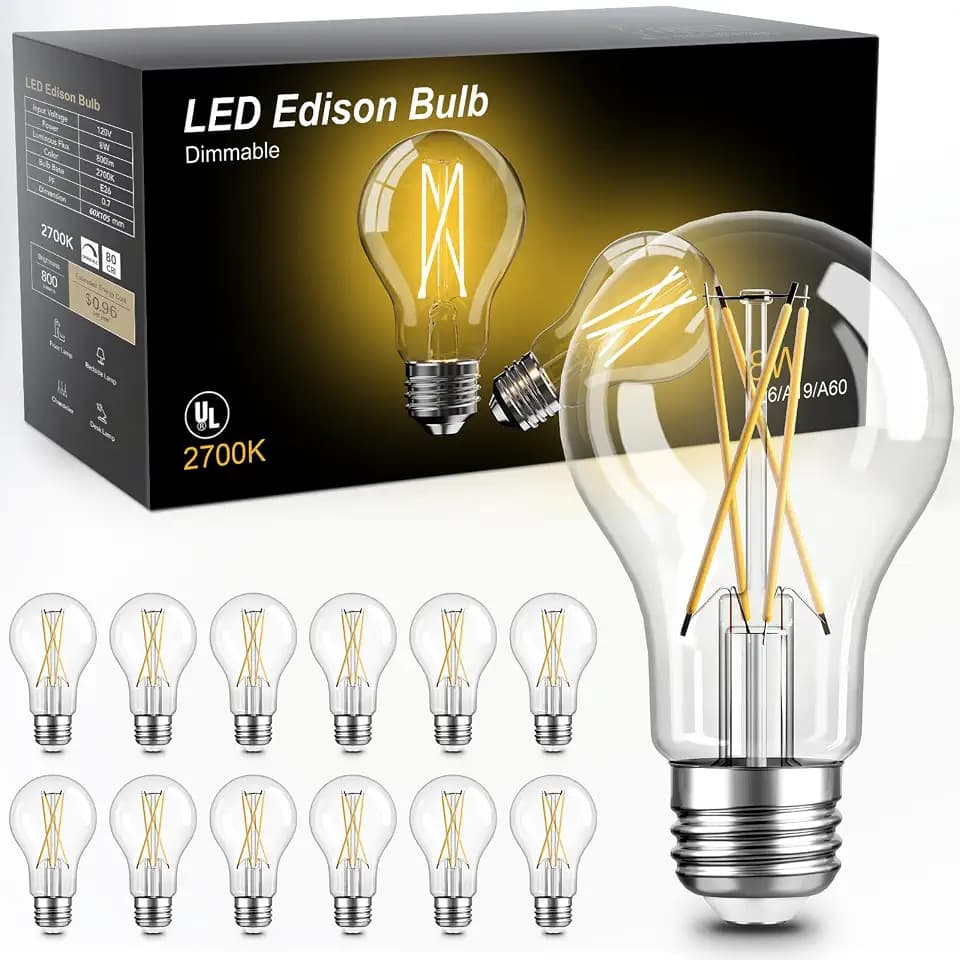 TJOY A19 LED Edison Light Bulb, E26 Dimmable Bulb, 60W Equivalent, 12 Pack