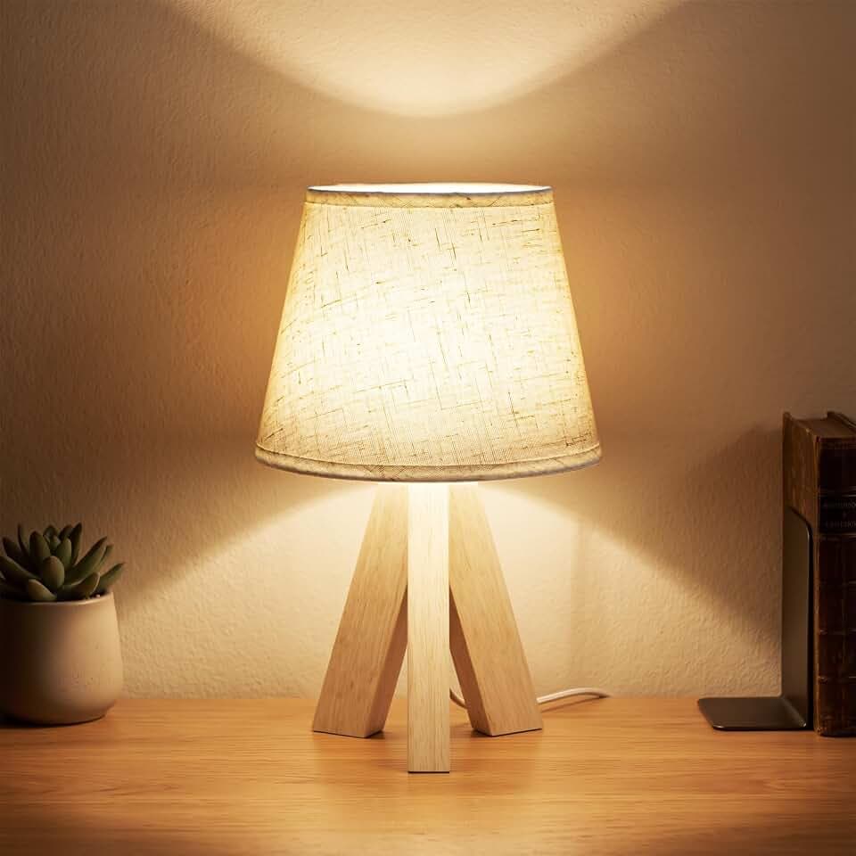 Tripod Table Lamp Small Bedside Lamp with Linen Fabric Shade, Mid Century Modern Nightstand Lamp for Bedroom Living Room Office Nursery, Wooden Legs(Cone)