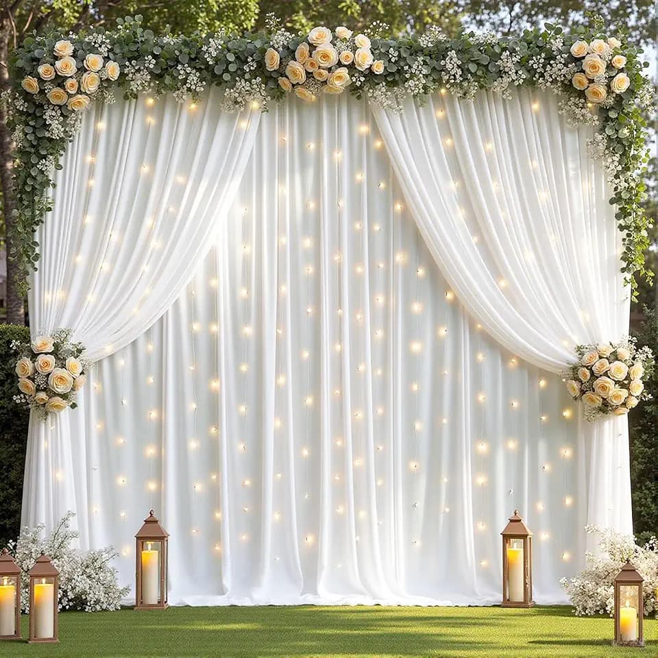 10 x 10ft White Backdrop Curtains with Lights String for Party