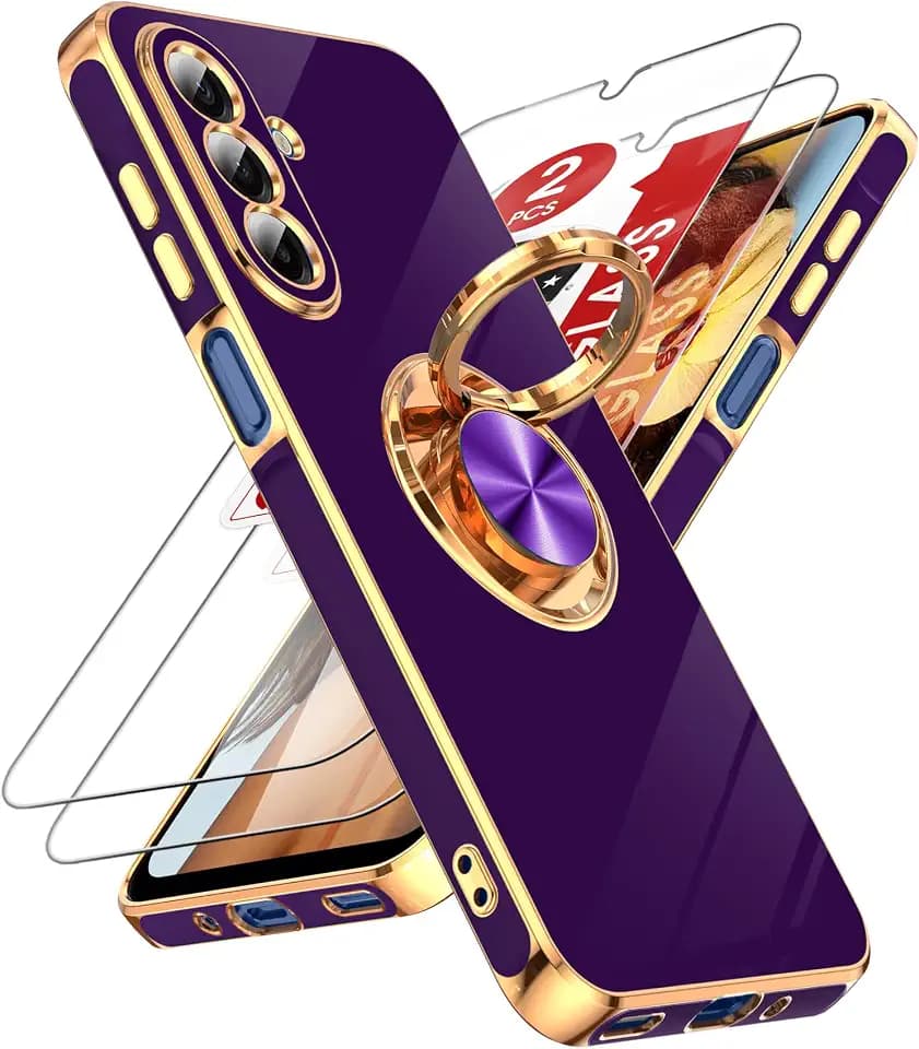 LeYi for Galaxy A17 5G Case: with 2 Pack Tempered Glass Screen Protector and 360° Rotatable Ring Holder Magnetic Kickstand, Plating Rose Gold Edge Protective for A17 5G Case, Deep Purple