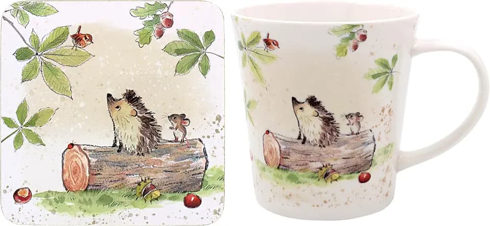 The Leonardo Collection Papierschuppen Design Igel und Maus Tasse mit Untersetzer für Zuhause und Küche, stilvolle Keramikbecher für Tee und Kaffee, schönes Tassen-Set für Herren, Geburtstagsgeschenk