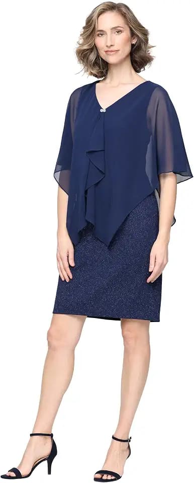 S.L. Fashions Women's Sleeved Chiffon Short Cocktail Dress, Wedding Guest, Mother of the Bride