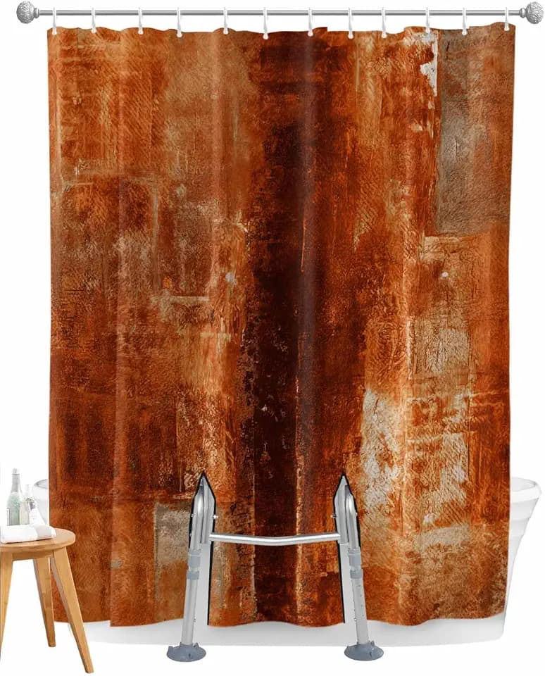 Split Shower Curtain for Transfer Bench, Burnt Orange Waterproof Shower Curtains Set with Hooks - 72 x 72 Inches, Oil Painting Abstract Geometric Bathroom Privacy Curtain Panel