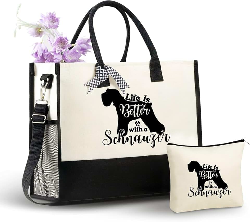 InnoBeta Schnauzer Gifts Canvas Tote Bag with Top Zipper Closure and Shoulder Strap for Birthday, Mother's Day, Christmas