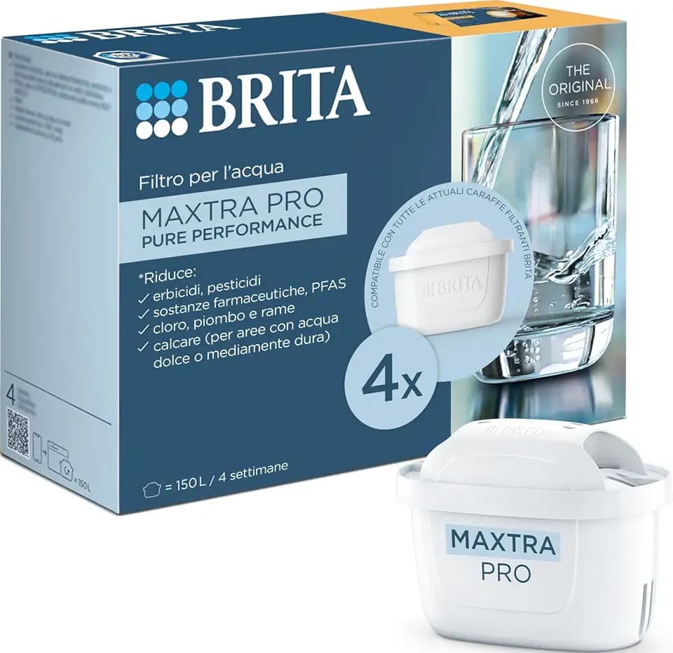 BRITA Maxtra Pro All-in-1 Wasserhahnfilter – reduziert Chlor, Kalk, PFAS und Metalle, Originalfilter, kompatibel mit Wasserfilterkannen, 4 Stück BRITA