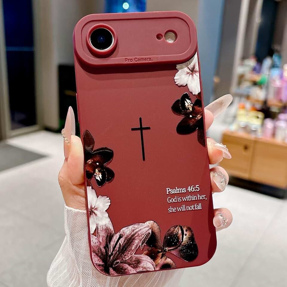 Bible Verse Phone Case for iPhone 17 Air Case, Cute Simple Cross with Flower Design, Soft TPU Shockproof Protective Cover for Girls Women-Red