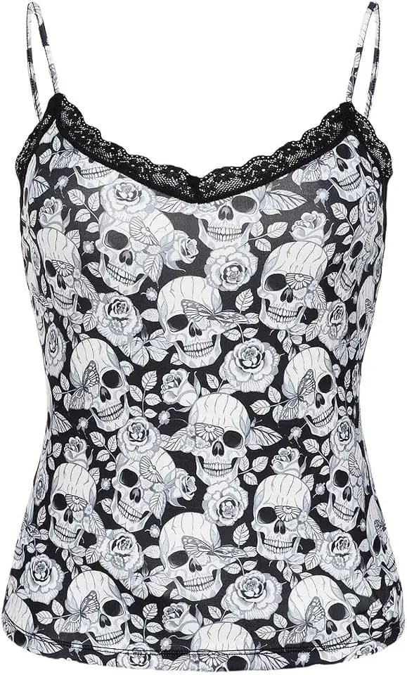 Morvia Women's Contrast Lace Trims Scoop Neck Halloween Skulls Allover Print Cami Tops Casual Summer Sleeveless Top Wear