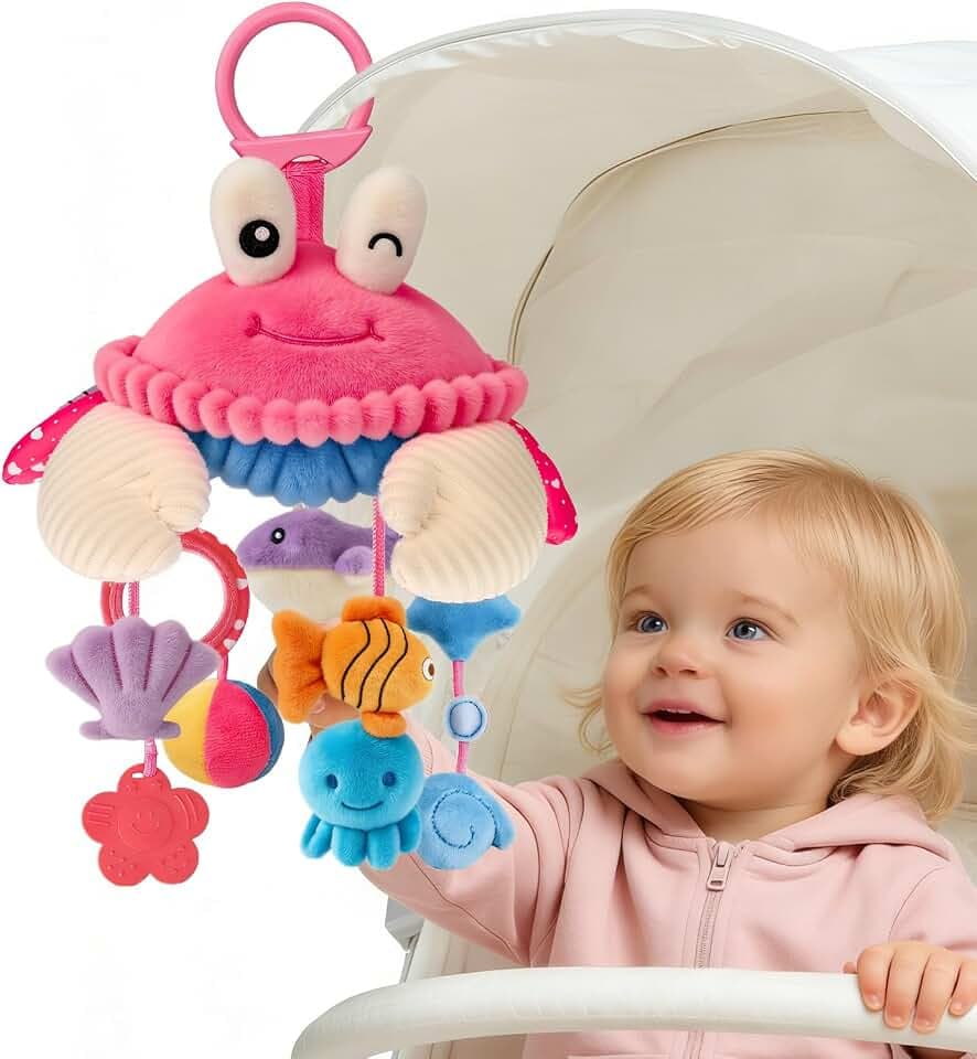 Hanging Crab Baby Toy, Sensory Stroller Toy with Mirror, Rattle & Teether