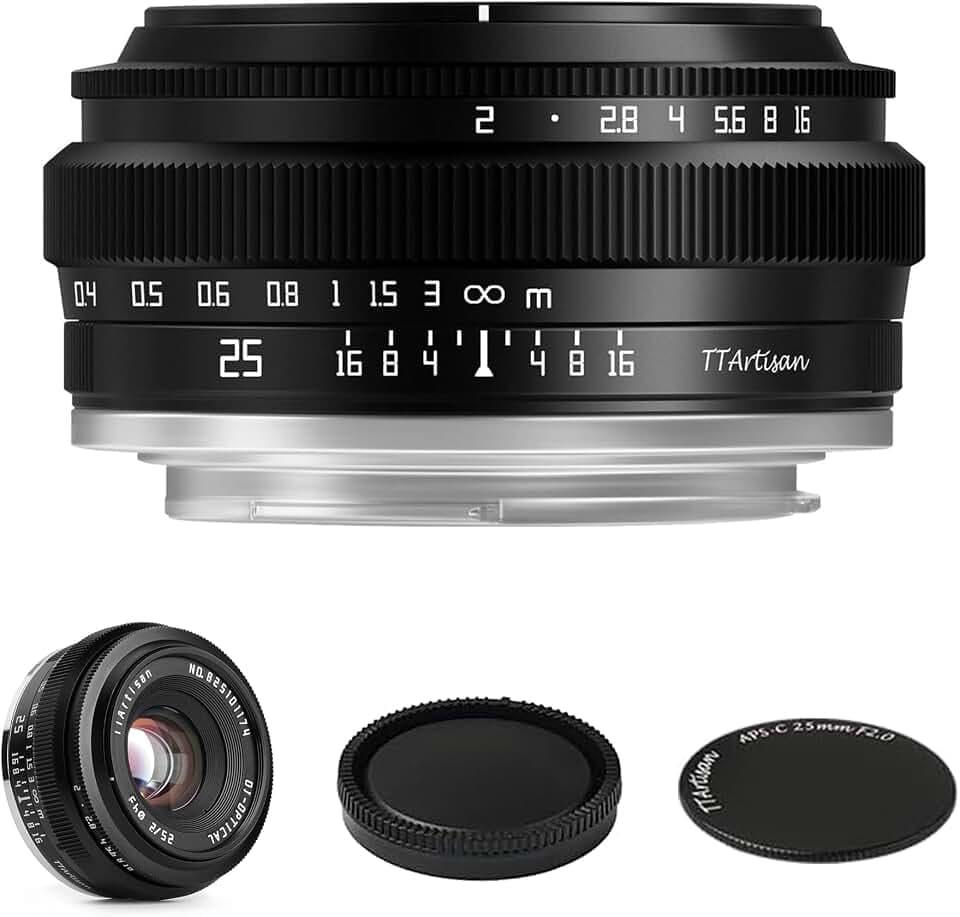 TTArtisan 25 mm F2 Weitwinkel APS-C Kameraobjektiv Große Blende Manuell Feste Kameralinse für Sony E-Mount Kameras NEX-5 NEX-C3 NEX-5N NEX-7 NEX-F3 NEX-5R NEX-3N NEX-5T A3000 A5000 A6000