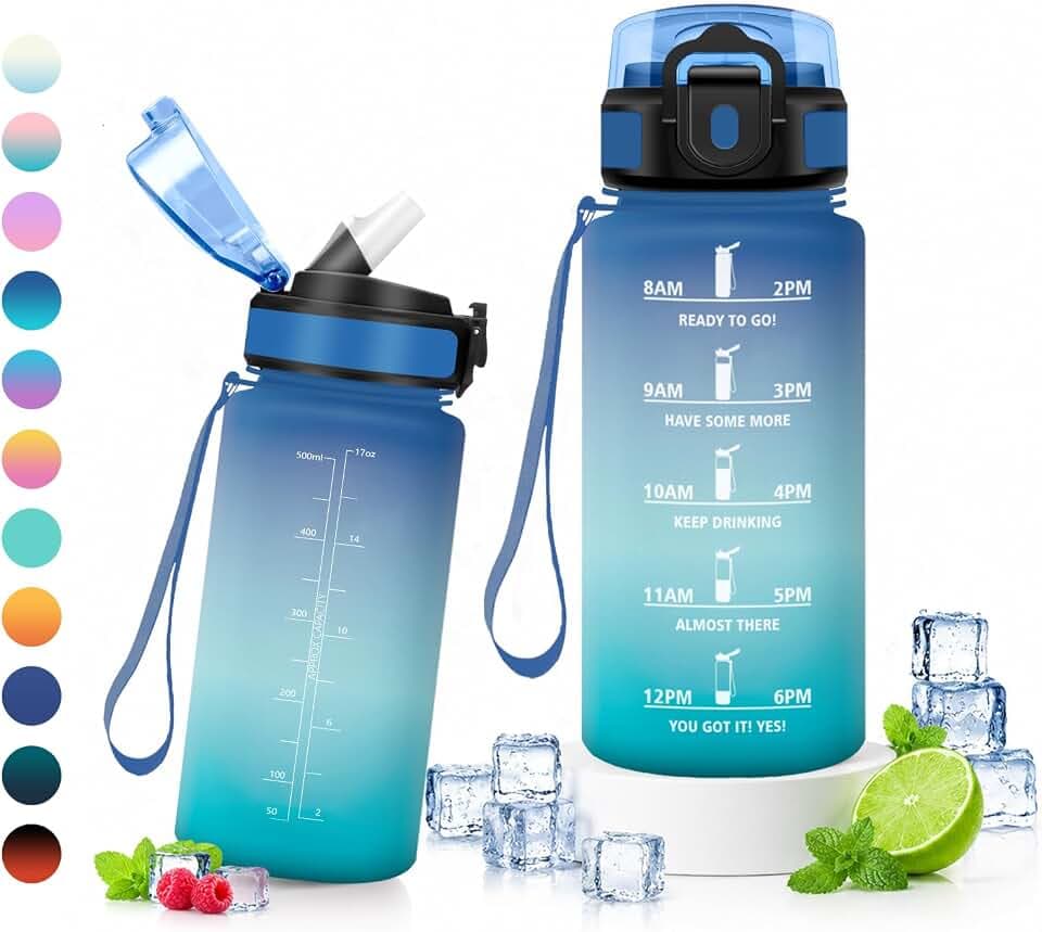 Wasserflasche 500ml, Trinkflasche mit Strohhalm, Sportflasche Auslaufsicher mit Zeitmarkierung, Kohlensäure Geeignet, Trinkflasche für Fitness, Schule, Büro, Fahrrad, Outdoor