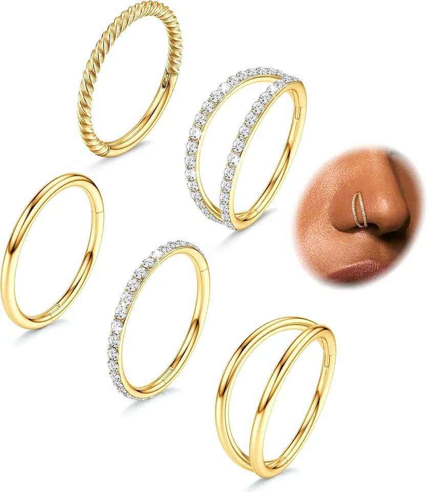 CASSIECA 5Pcs 18G 16G Surgical Steel Nose Rings Hoop for Women Septum Ring