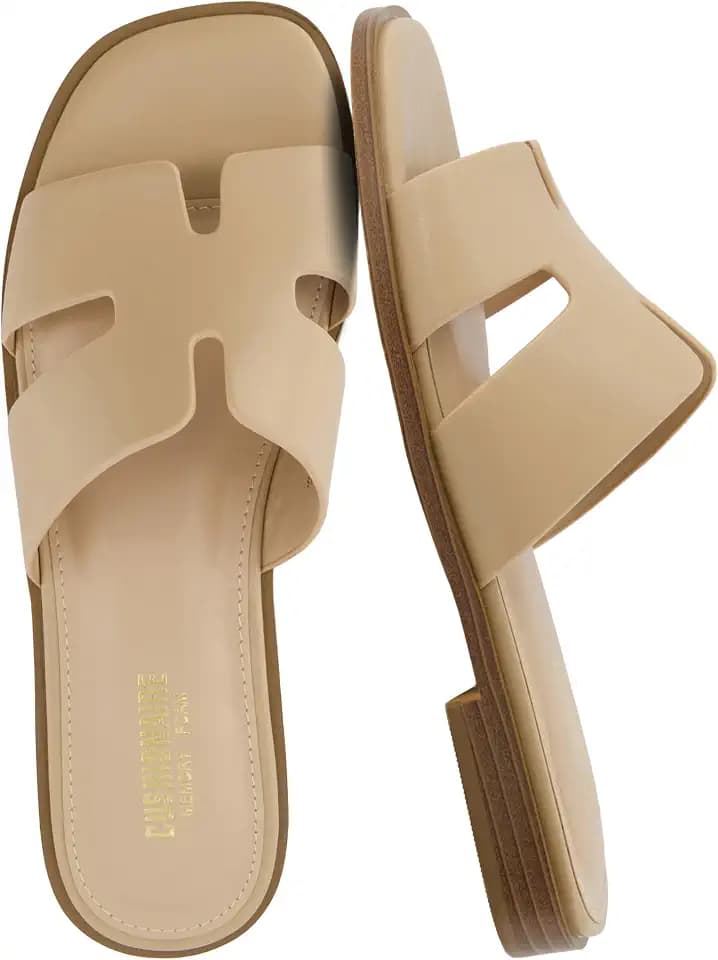 CUSHIONAIRE Voyage Cutout Strap Slides for Women, Slip On Summer Flats, Trendy Footwear, Memory Foam Vegan Leather Comfortable Vacation Style Sandals