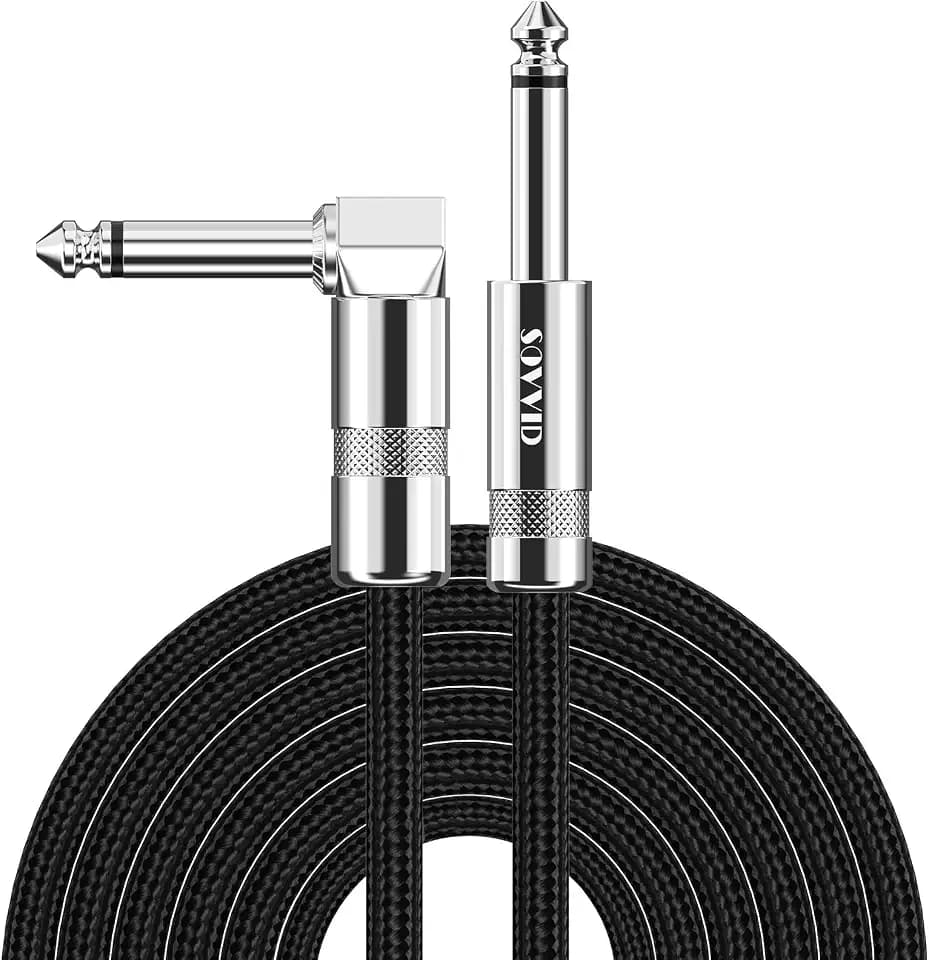 10FT Instrument Cable - Electric Guitar & Bass Cable with Right Angle 1/4 Inch Connector - Black